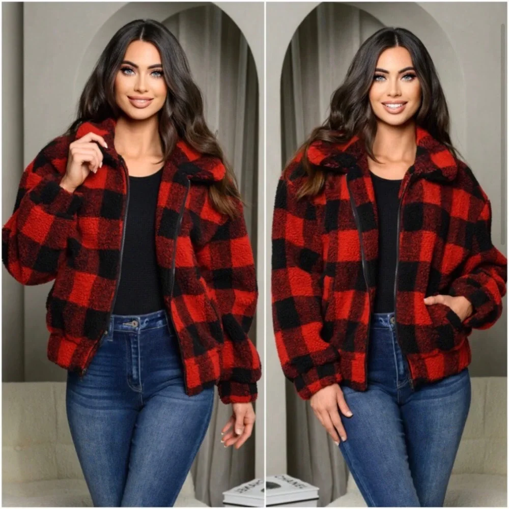 LAST ONE: Buffalo plaid deep red black women’s warm lined bomber zippered jacket - Picture 2 of 3
